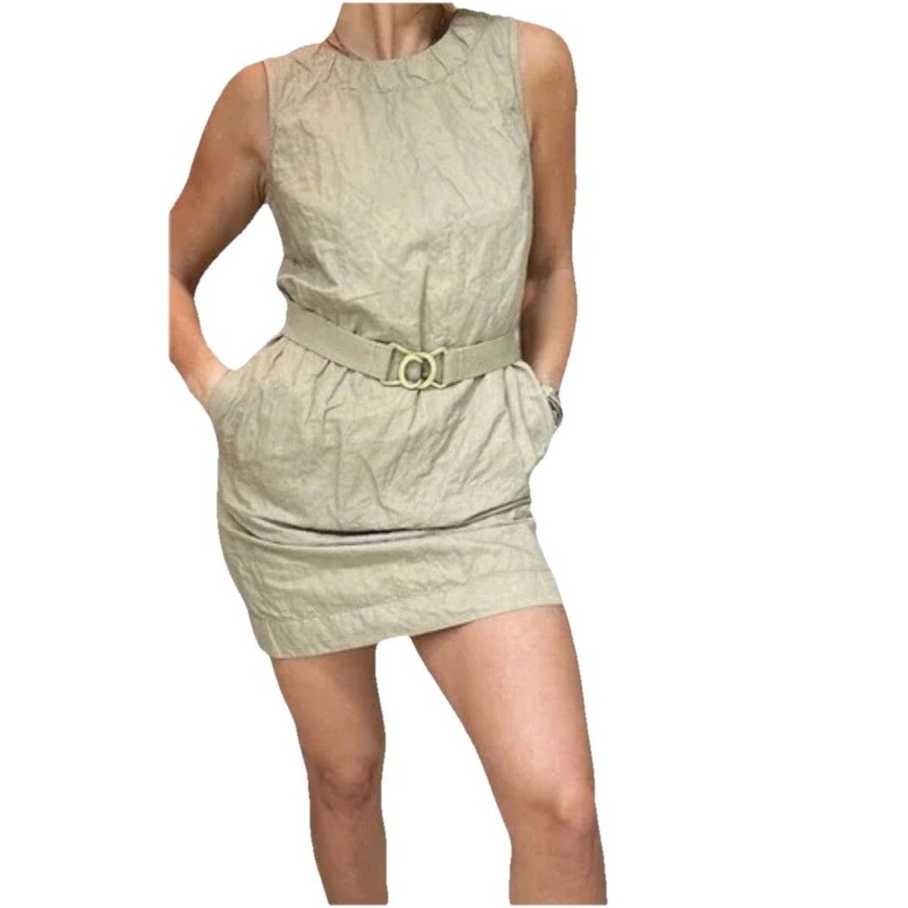 Banana Republic Khaki Beige Belted High Neck Mini Dress Sz 2 XS Pockets Safari